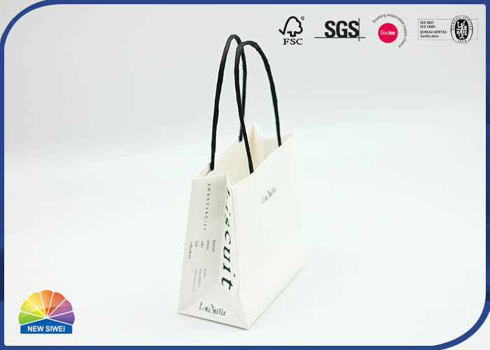 Borsa della spesa in carta kraft bianca con logo personalizzato stampato 4c con manico in carta